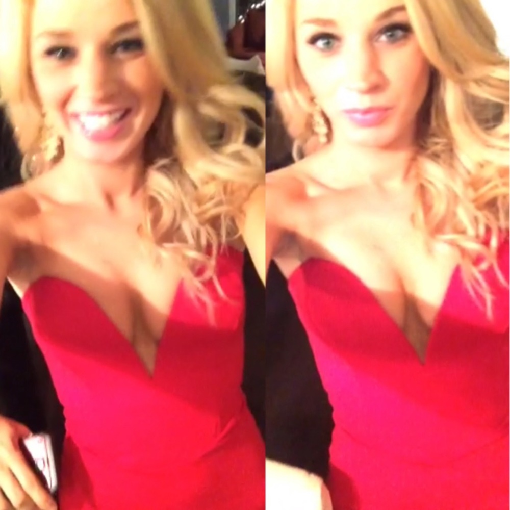 Red strapless mini dress